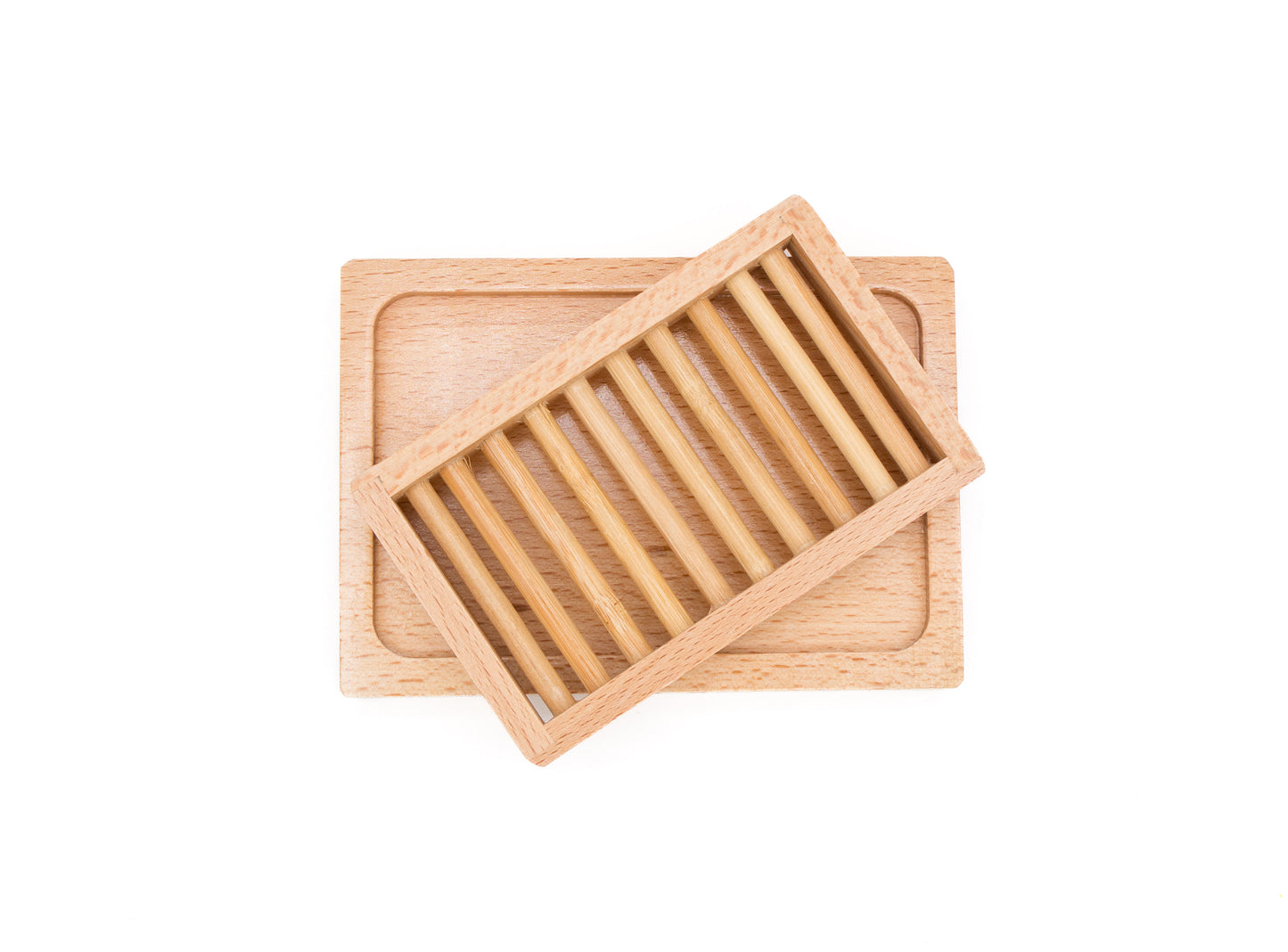 Wooden soap dish with a grid design on a white background